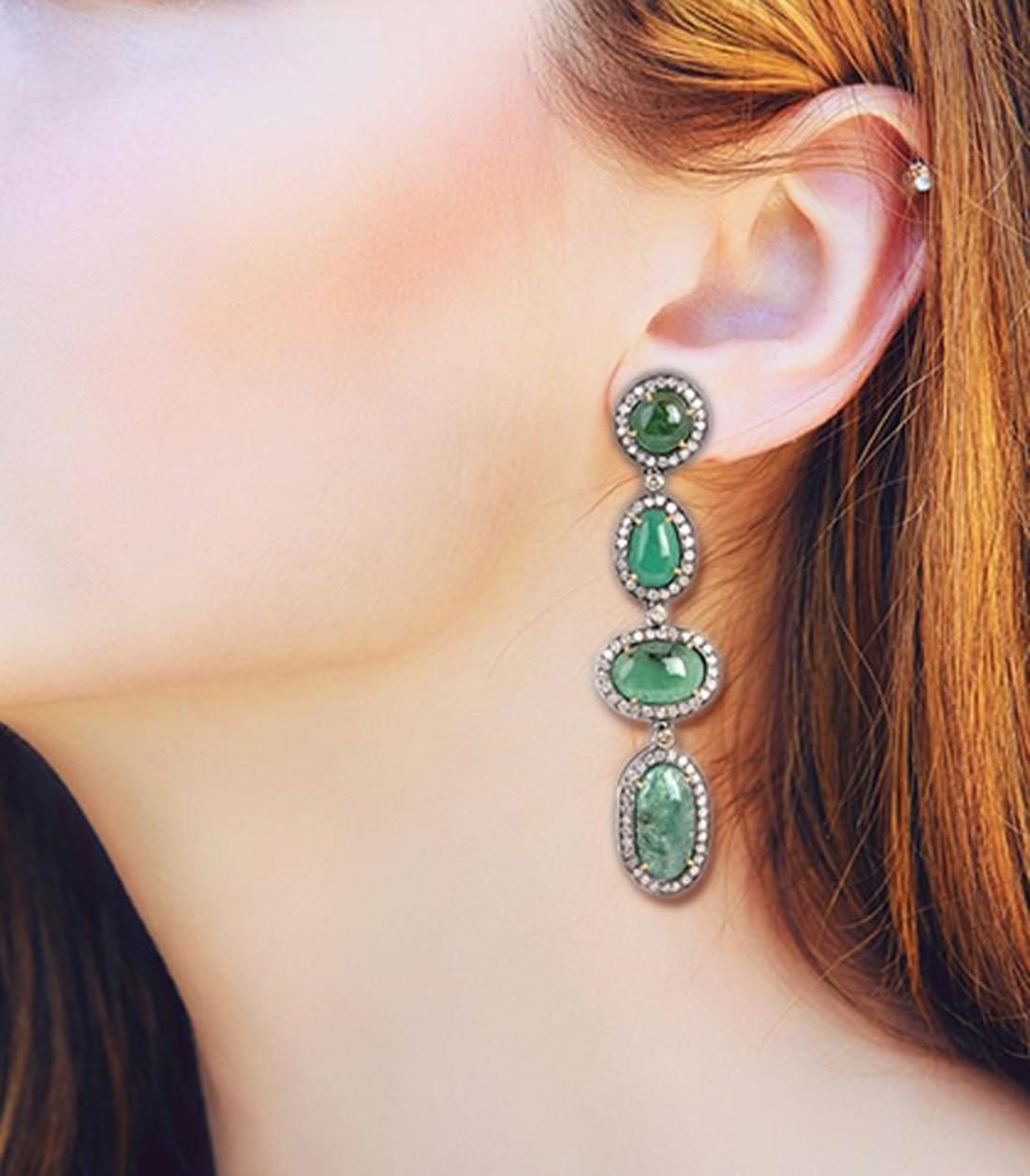 Art Deco Vintage Mid Century Natural Emerald And Diamond Drop Earrings For Sale