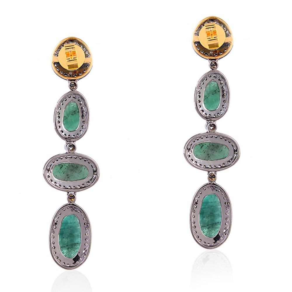 Cabochon Vintage Mid Century Natural Emerald And Diamond Drop Earrings For Sale