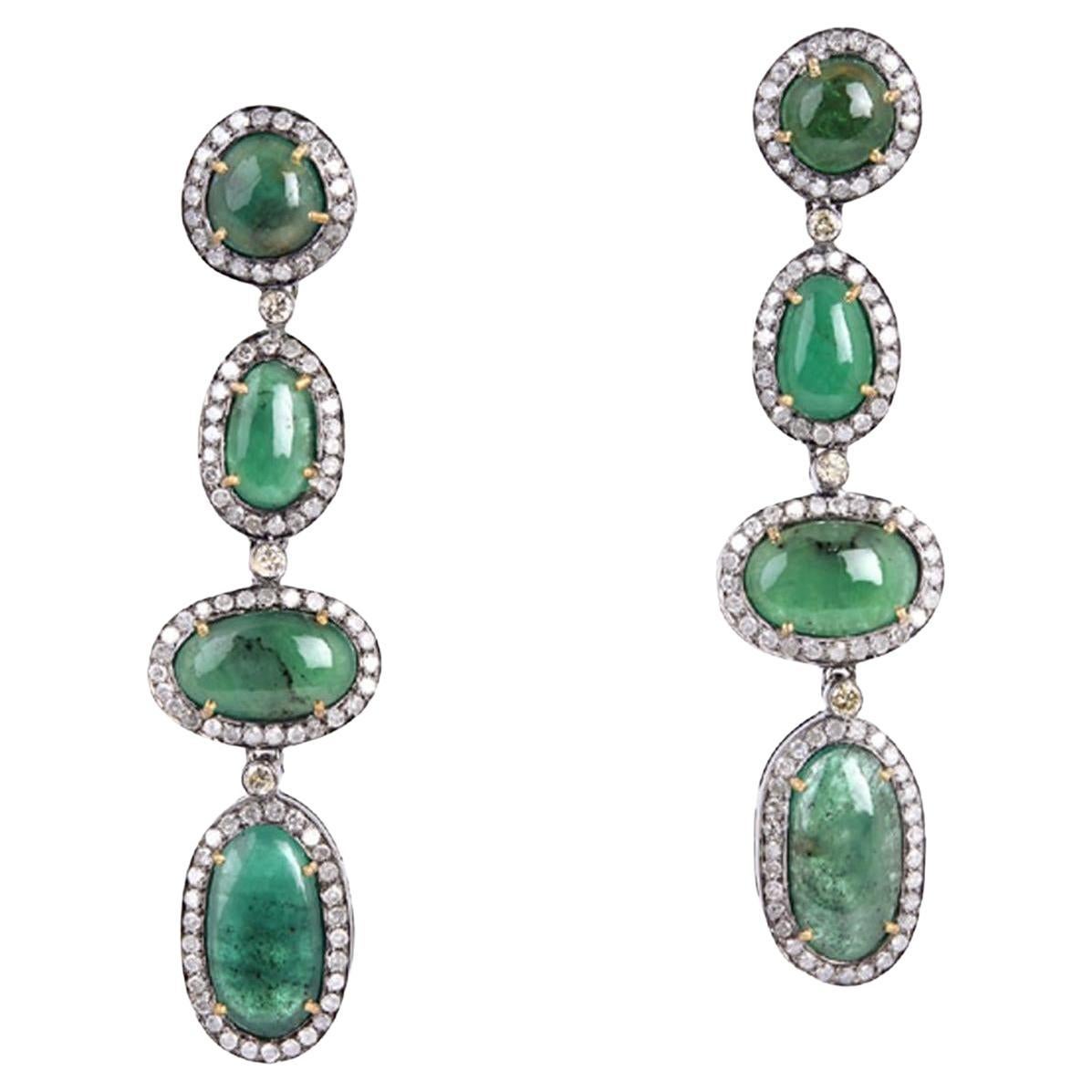 Vintage Mid Century Natural Emerald And Diamond Drop Earrings For Sale