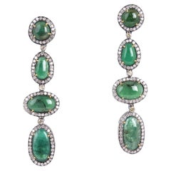 Vintage Mid Century Natural Emerald And Diamond Drop Earrings
