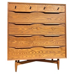 Vintage Mid Century Oak and Cane Floating Highboy Tall Dresser Chest of Drawers