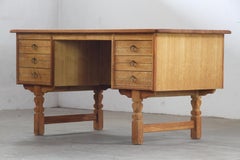 Vintage Mid-Century Oak Writing Desk with 6 Drawers, Open Back, Kjærnulf style.
