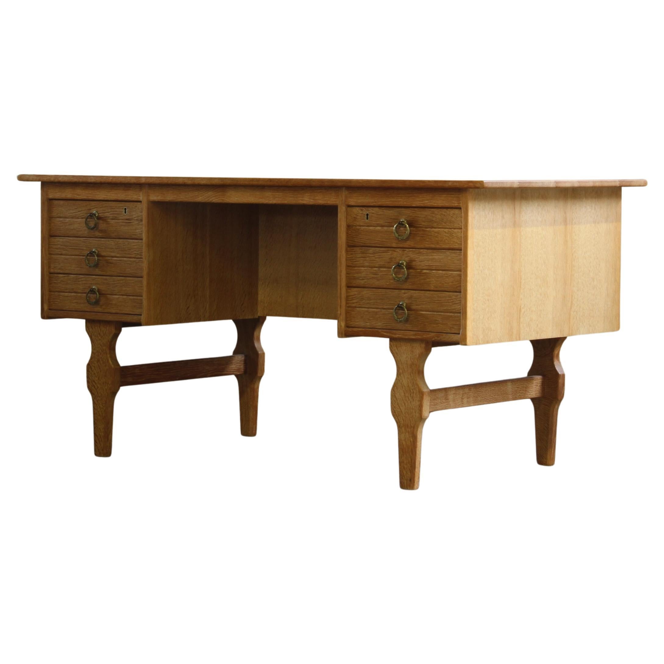 Vintage Mid-Century Oak Writing Desk with 6 Drawers, Open Back, Kjærnulf style.