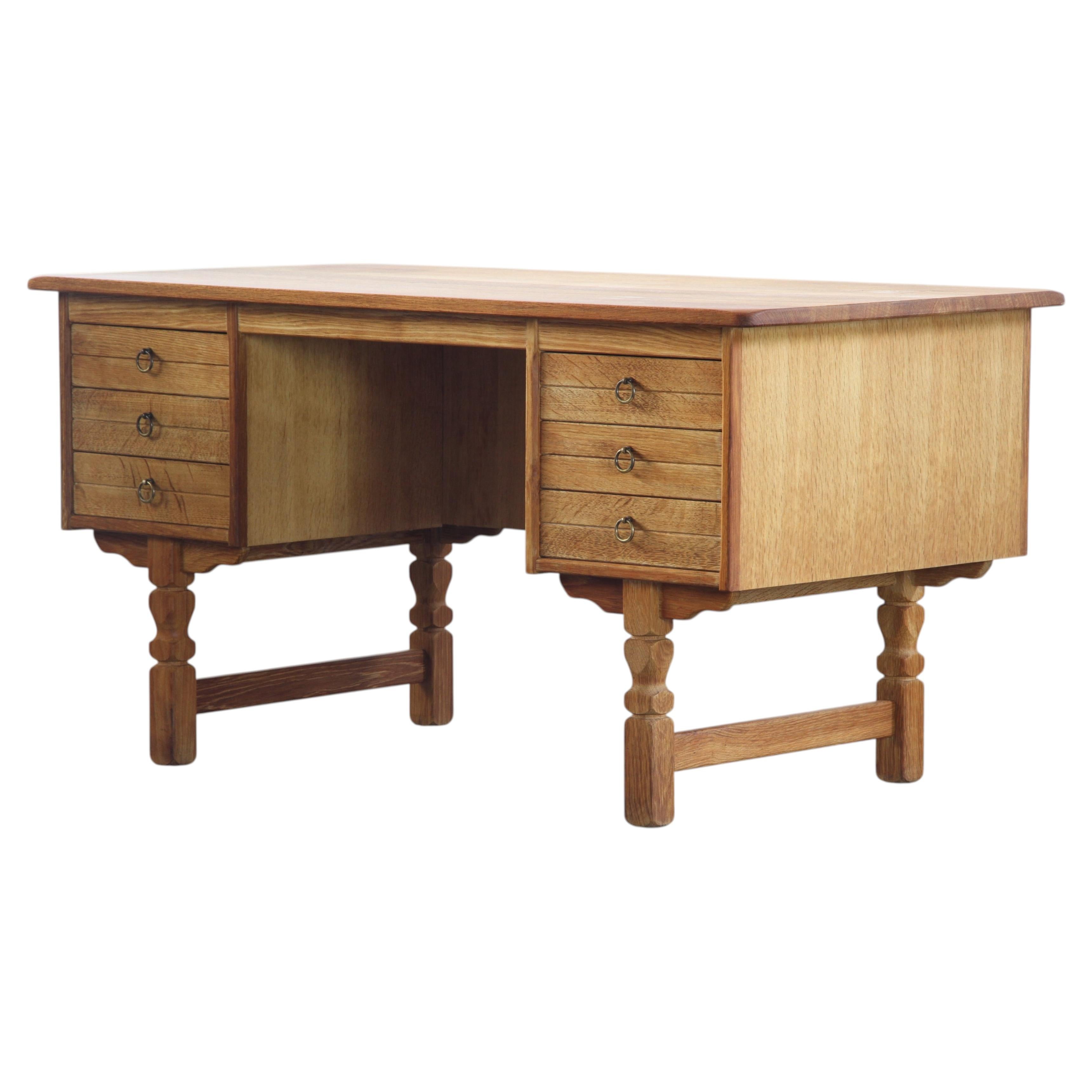 Vintage Mid-Century Oak Writing Desk with 6 Drawers, Open Back, Kjærnulf style.