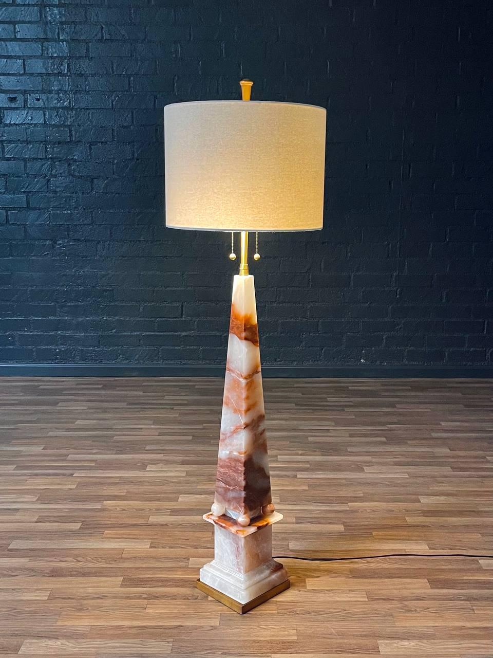 Condition: Original Condition, New Linen Shade
Materials: Onyx Stone, Brass Accents, New Linen Shade
Dimensions:
62”H x 8.50”W x 8.50”D
Shade:
13