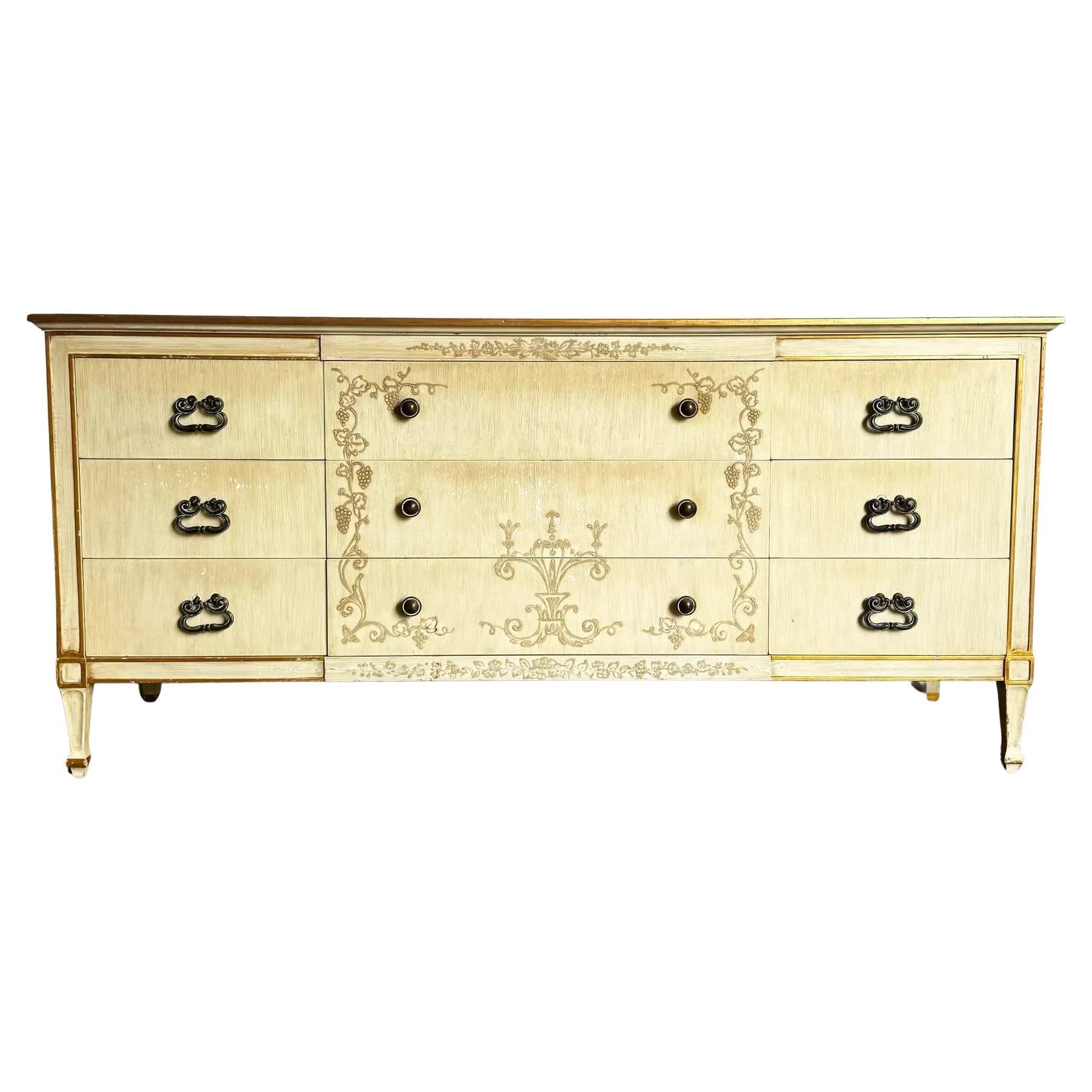 Vintage Mid Century Off White and Gold Dresser by John Widdicomb For Sale