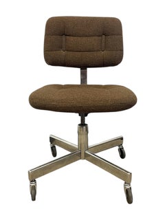 Vintage Mid-Century Office Chair - Chrome Toned Base, Brown Upholstery.