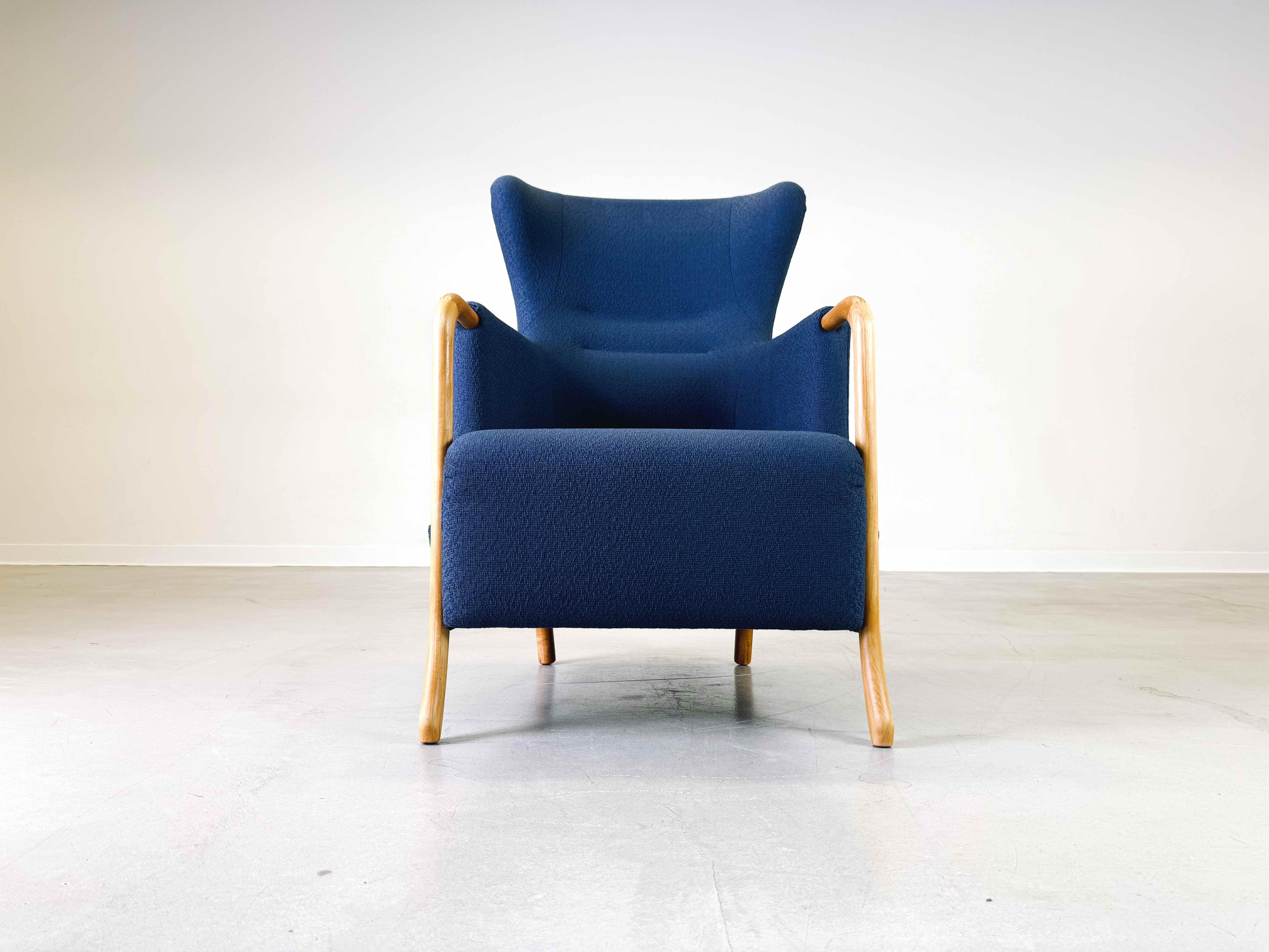 Tissu Vintage Mid Century Ohrensessel Claudia Stouby Møbelfabrik mit Ottomane 1970 en vente