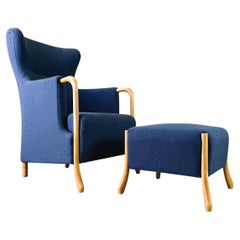 Vintage Mid Century Ohrensessel Claudia Stouby Møbelfabrik mit Ottomane 1970