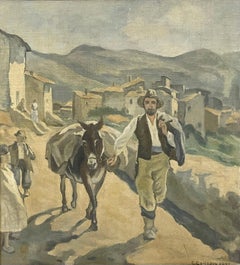 Vintage mid century oil painting of rural village scene with man and donkey