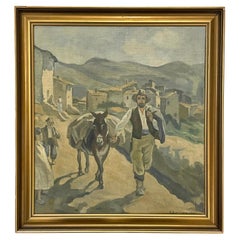Vintage mid century oil painting of rural village scene with man and donkey
