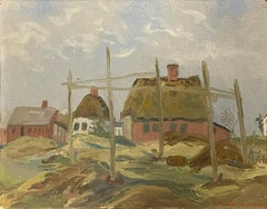 Peinture à l'huile vintage du milieu du siècle représentant des maisons de pêcheurs traditionnelles à Venø, Danemark
