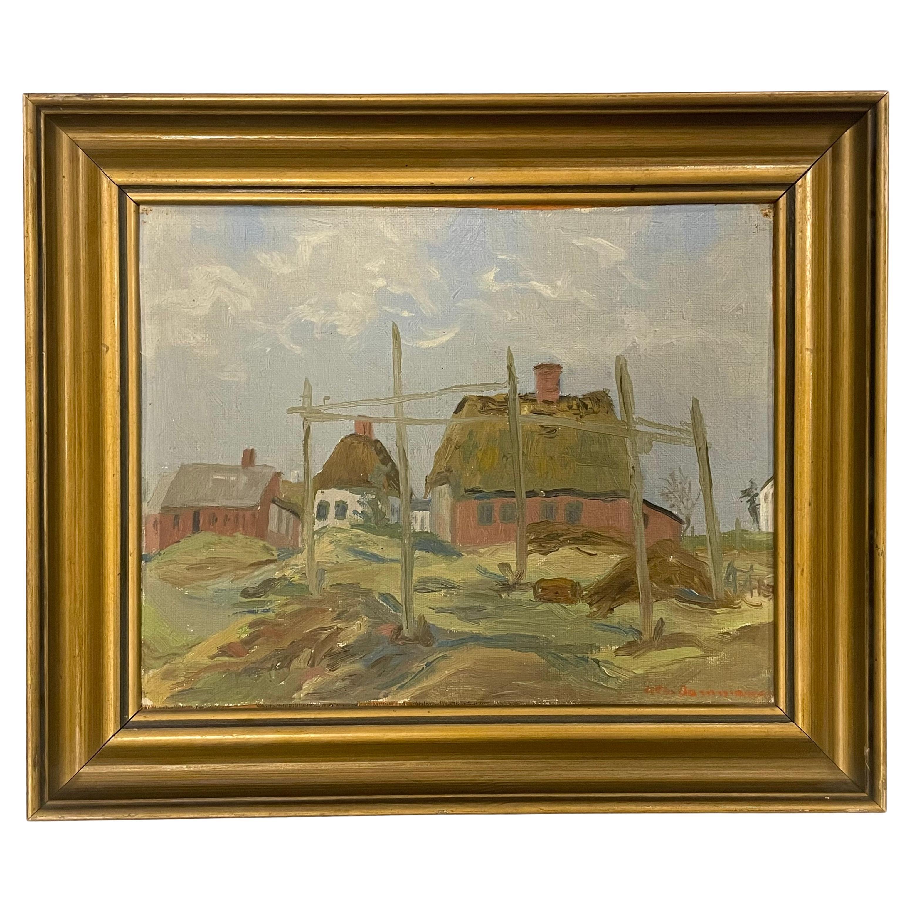 Vintage mid century oil painting of traditional fishing houses at Venø, Denmark