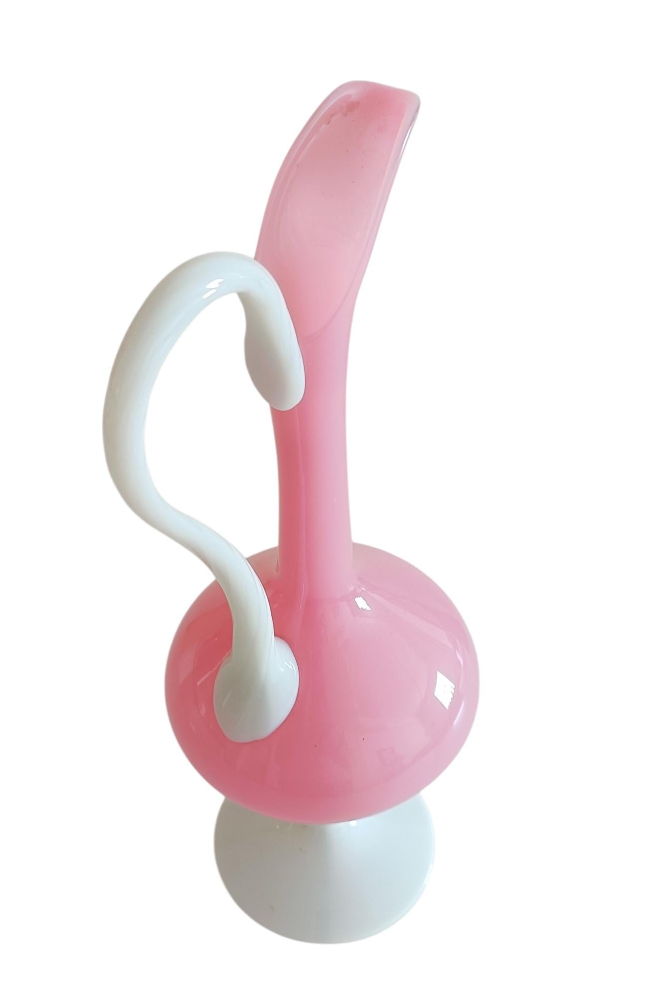 Hand-Crafted Vintage Mid Century Opaline Florence Empoli Glass Pitcher, Italy, 1950s For Sale