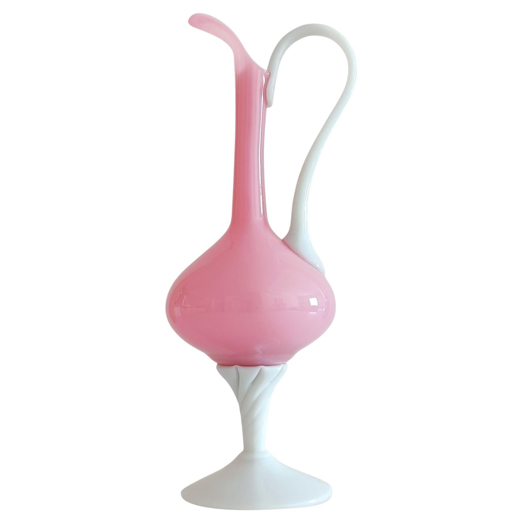 Vintage Mid Century Opaline Florence Empoli Glass Pitcher, Italy, 1950s For Sale