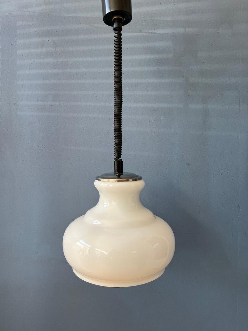 Vintage Mid Century Opaline Milk Glass Pendant Lamp, 1970s For Sale 2