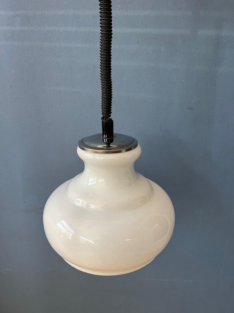 Vintage Mid Century Opaline Milk Glass Pendant Lamp, 1970s For Sale 3