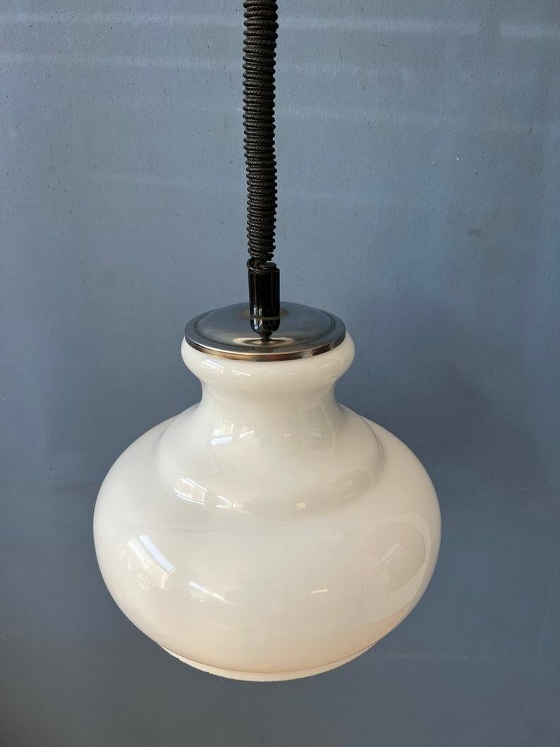 Vintage Mid Century Opaline Milk Glass Pendant Lamp, 1970s For Sale 4