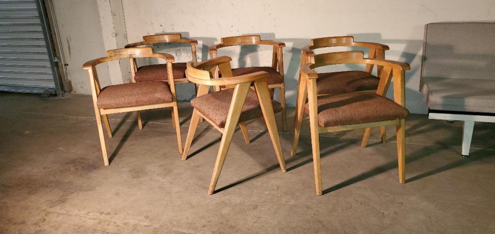 Upholstery Vintage Mid Century Original Allan Gould Oak Compass Chairs, Set of 6 For Sale
