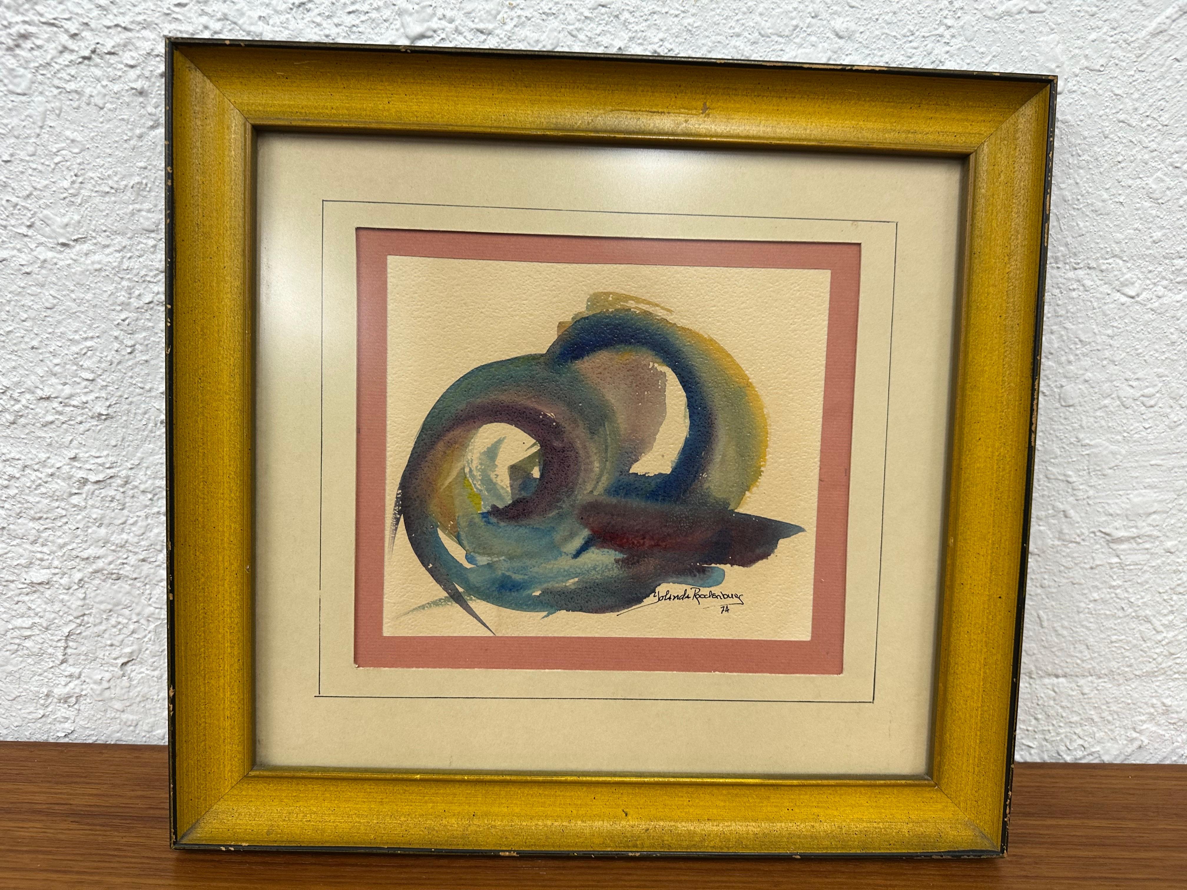 Vintage Gerahmtes und dreifach mattiertes Original-Aquarell, abstraktes Wirbelmuster in Blau, Lila und Gelb unter halbmattem Glas mit zweifarbigem Holzrahmen. Kleineres Format, perfekt für eine Galeriewand oder ein Bücherregal. Signiert Yolanda