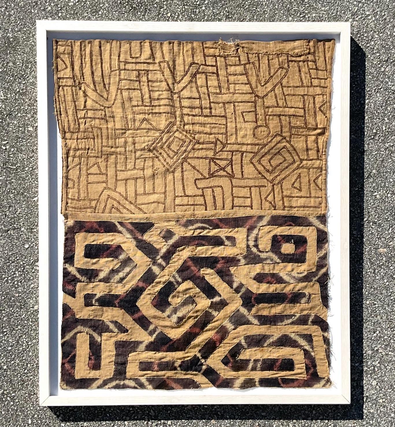 This unique original textile work is a mix of geometrical lines and shapes. The textural Mud cloth material adds a 3rd dimension to the piece. Acquired from a Palm Beach estate. 