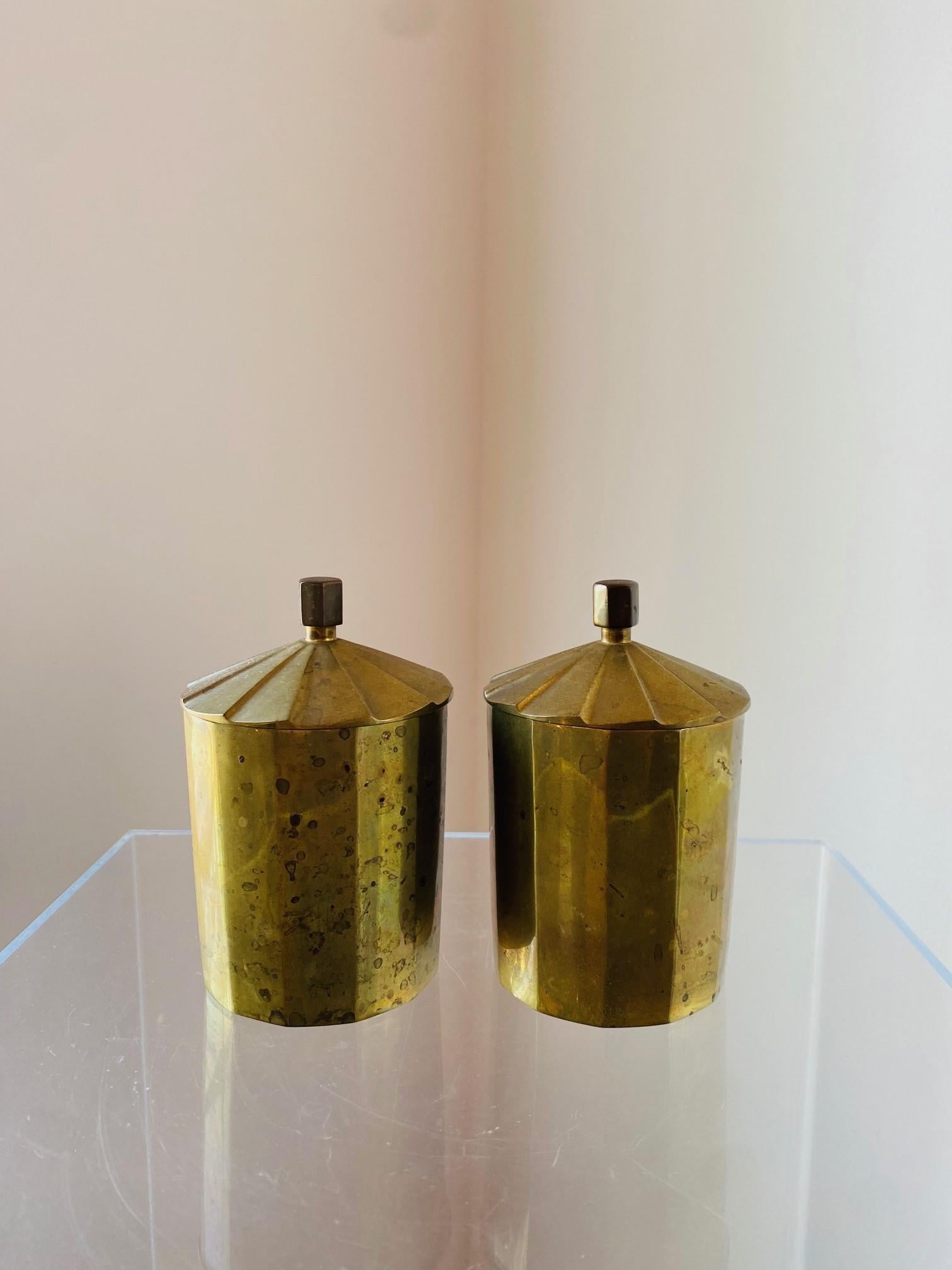 Bohemian Vintage Mid-Century Pair of Brass Canisters For Sale