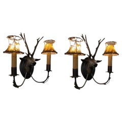 Vintage Mid Century Pair of Bronze Stag Wall Sconces