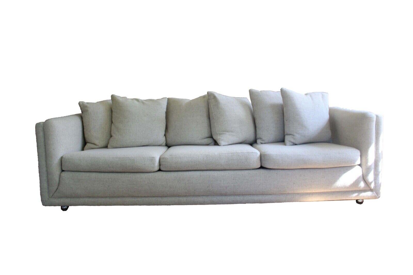 For your consideration is this rare pair of sofas designed by famous architect Irving Tobocman for one of his iconic homes here in the Greater Metro Detroit Area of Michigan. Inspired by the clean-lines of the classic mid century Knoll sofa design,