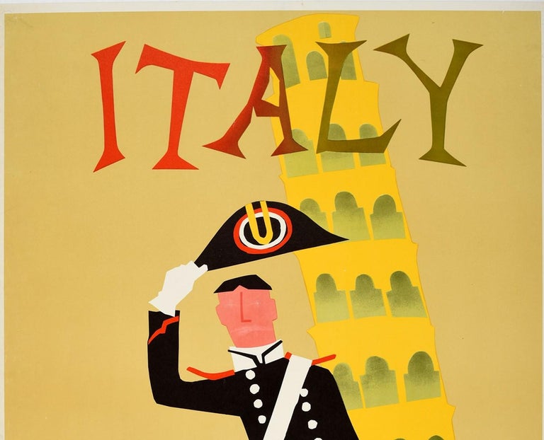 Original vintage travel poster for Italy via Jet Clipper issued by Pan American world's most experienced airline. Fun and colorful Mid-Century Modern illustration depicting a leaning Italian Carabiniere policeman in a traditional black and red
