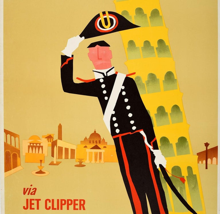 American Vintage Midcentury Pan Am Poster Leaning Tower of Pisa Italy Via Jet Clipper For Sale
