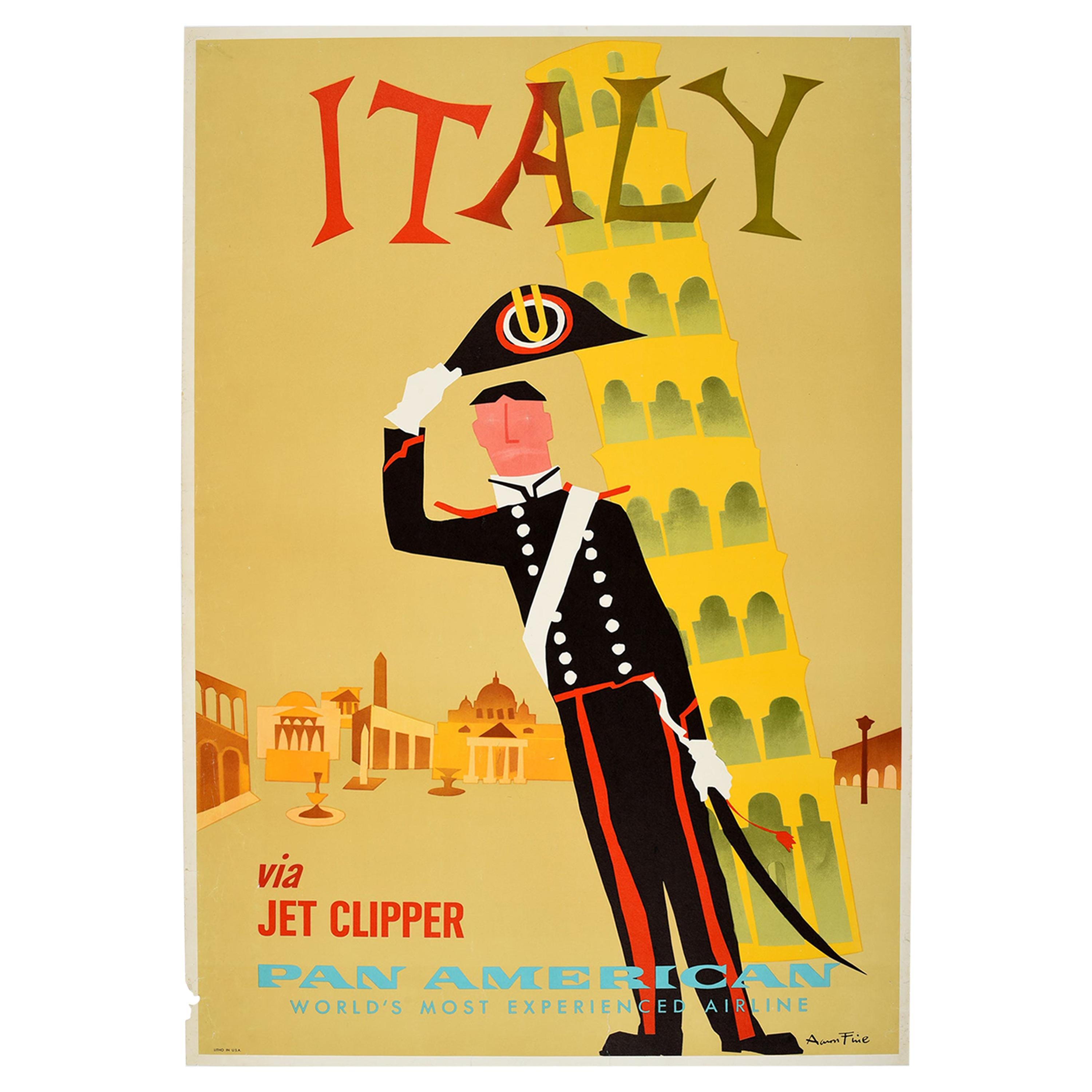 Vintage Poster D85 Flask 8oz Stainless Steel Italy Via Jet Clipper Pan American 