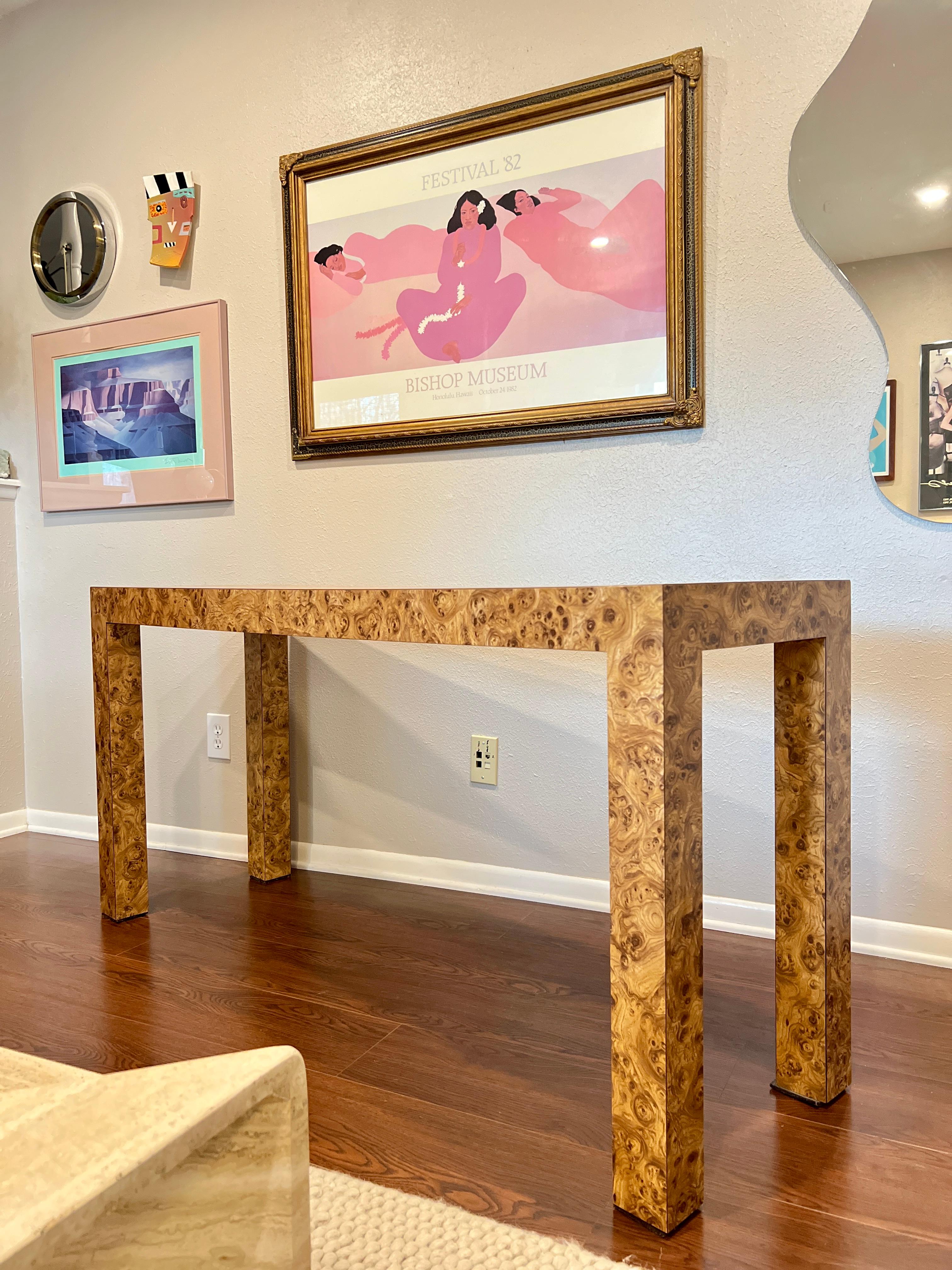 Vintage Mid-Century Modern Parsons style burl table. Clean lines and timeless faux burl wood laminate add glamourous style yet easy care to your decor. Could also be considered faux tortoiseshell. Functionality and style in a very versatile table.