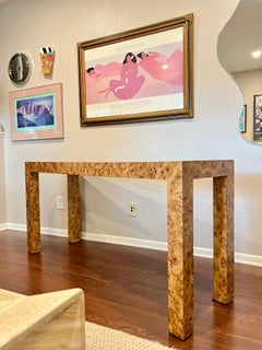 Vintage Mid-Century Parsons Style Burl Laminate Console Sofa Table
