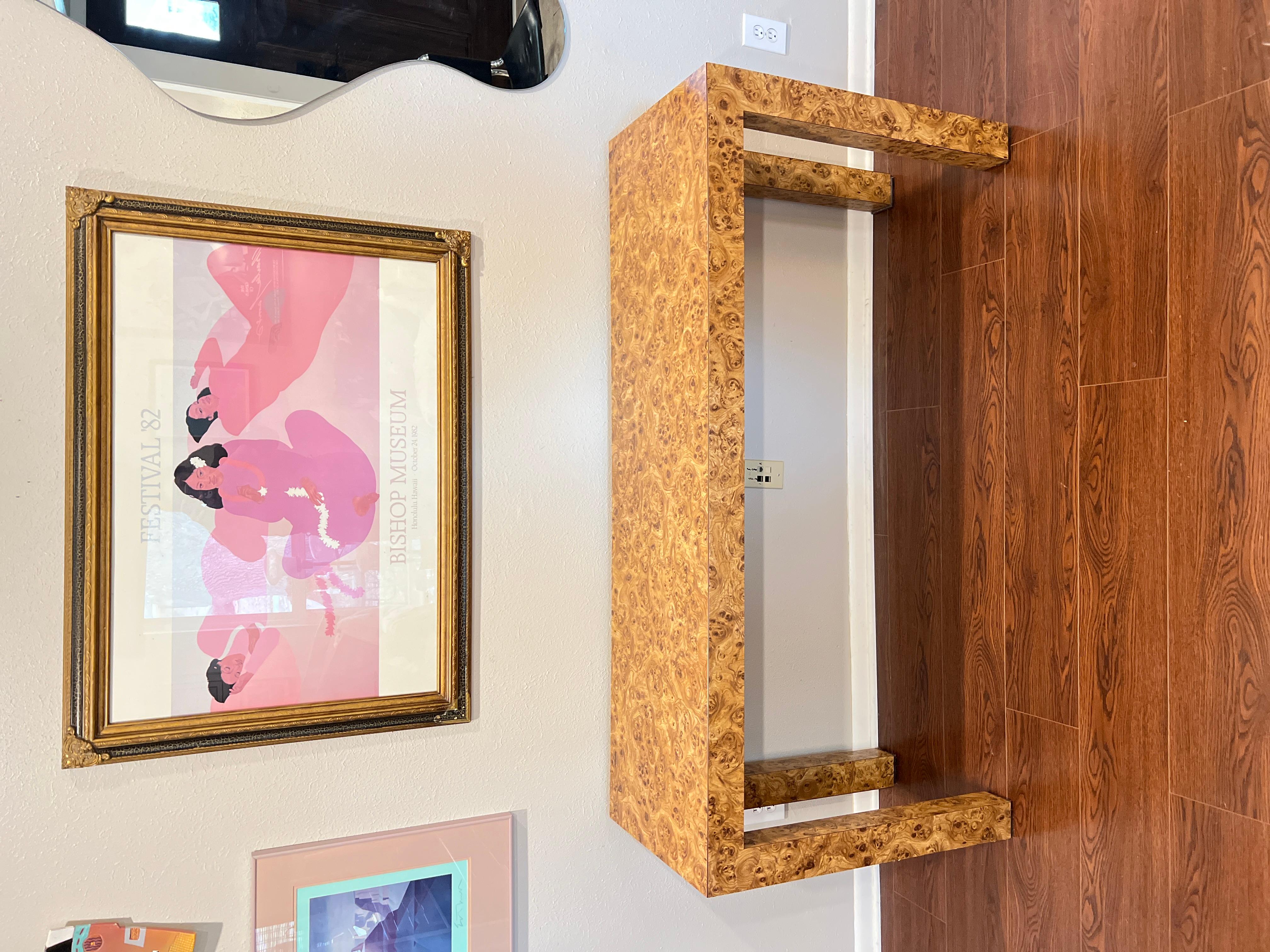 Laminated Vintage Mid-Century Parsons Style Burl Laminate Console Sofa Table