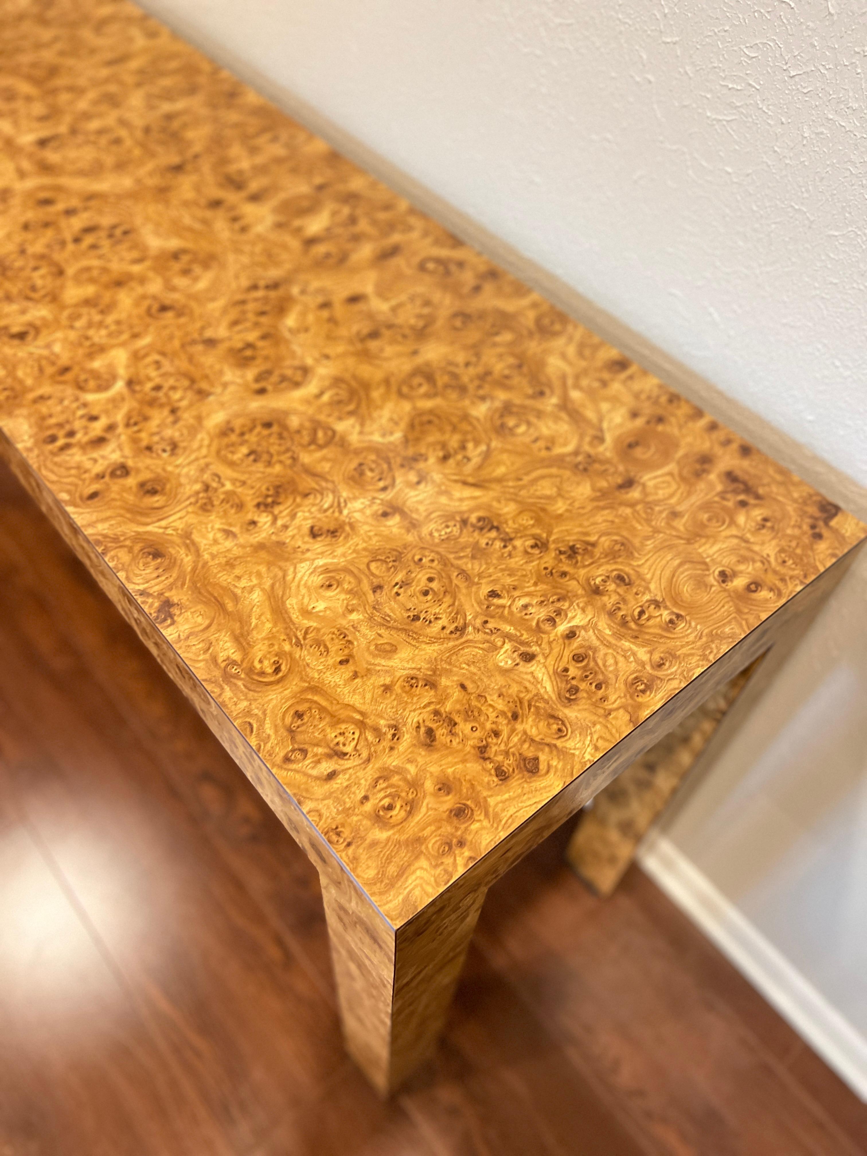 Vintage Mid-Century Parsons Style Burl Laminate Console Sofa Table 1
