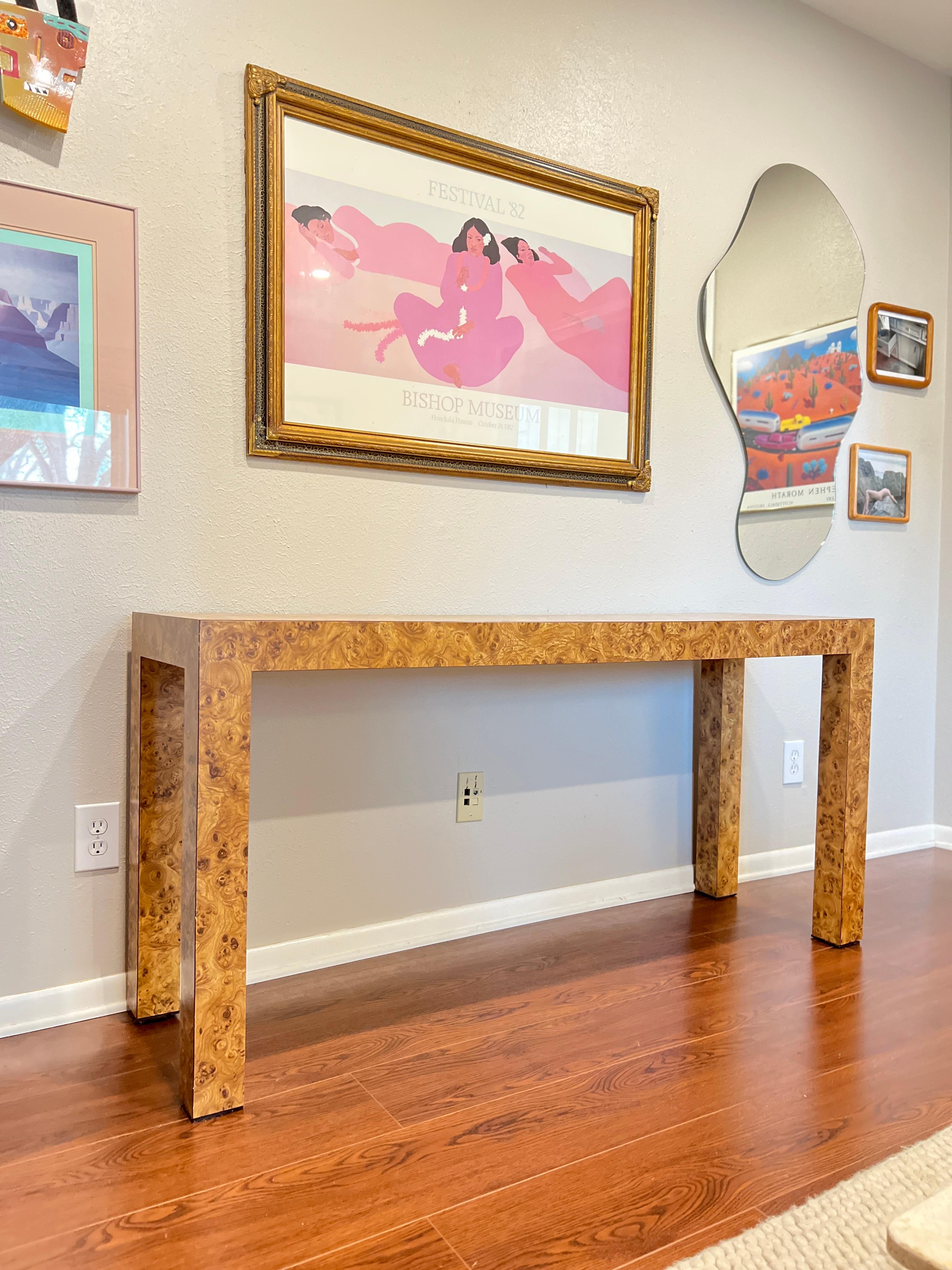Vintage Mid-Century Parsons Style Burl Laminate Console Sofa Table 3