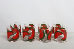 Vintage Mid-Century Party Theme Watermelon Gilt-Rim Rocks Glasses - Set of 8