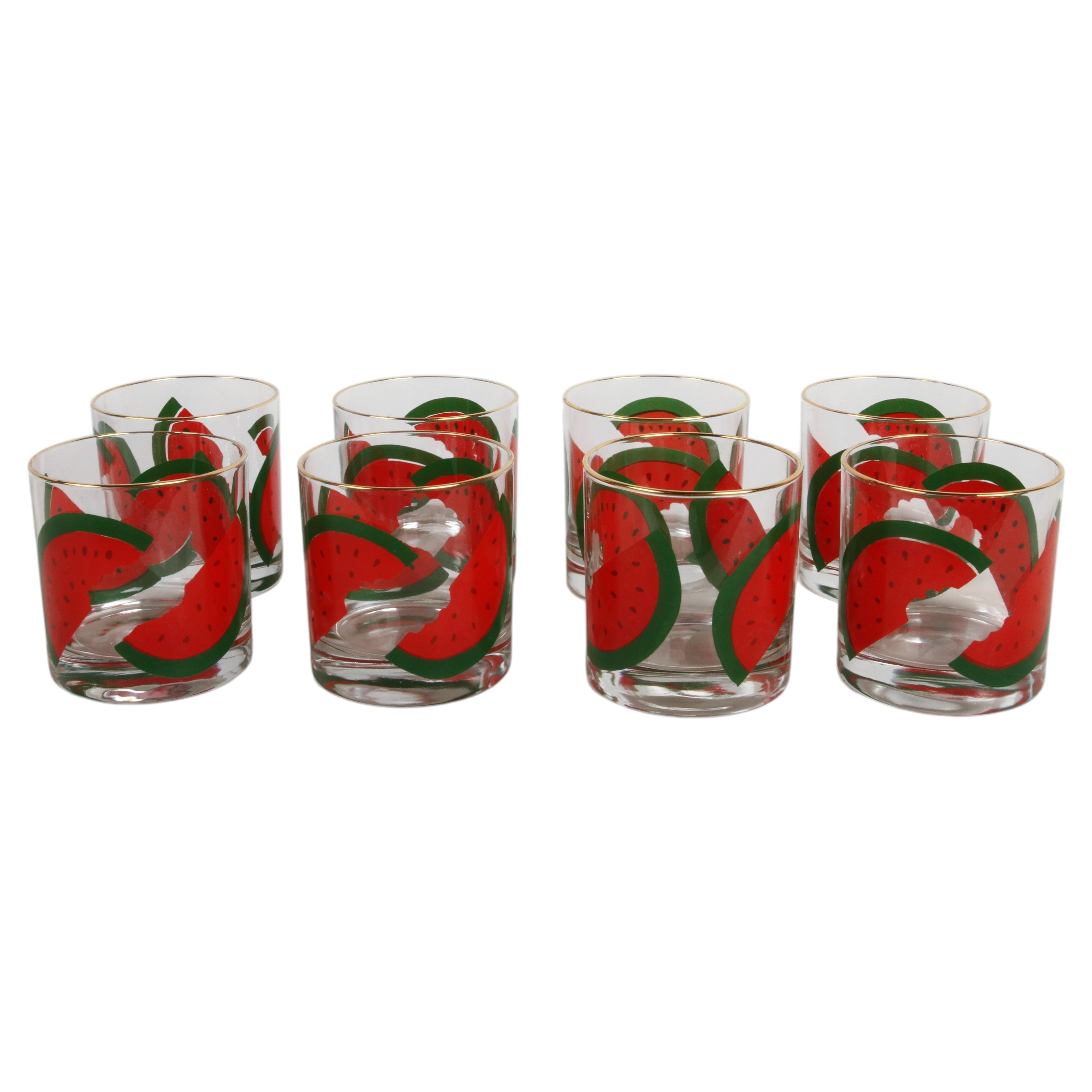 Vintage Mid-Century Party Theme Watermelon Gilt-Rim Rocks Glasses - Set of 8 For Sale