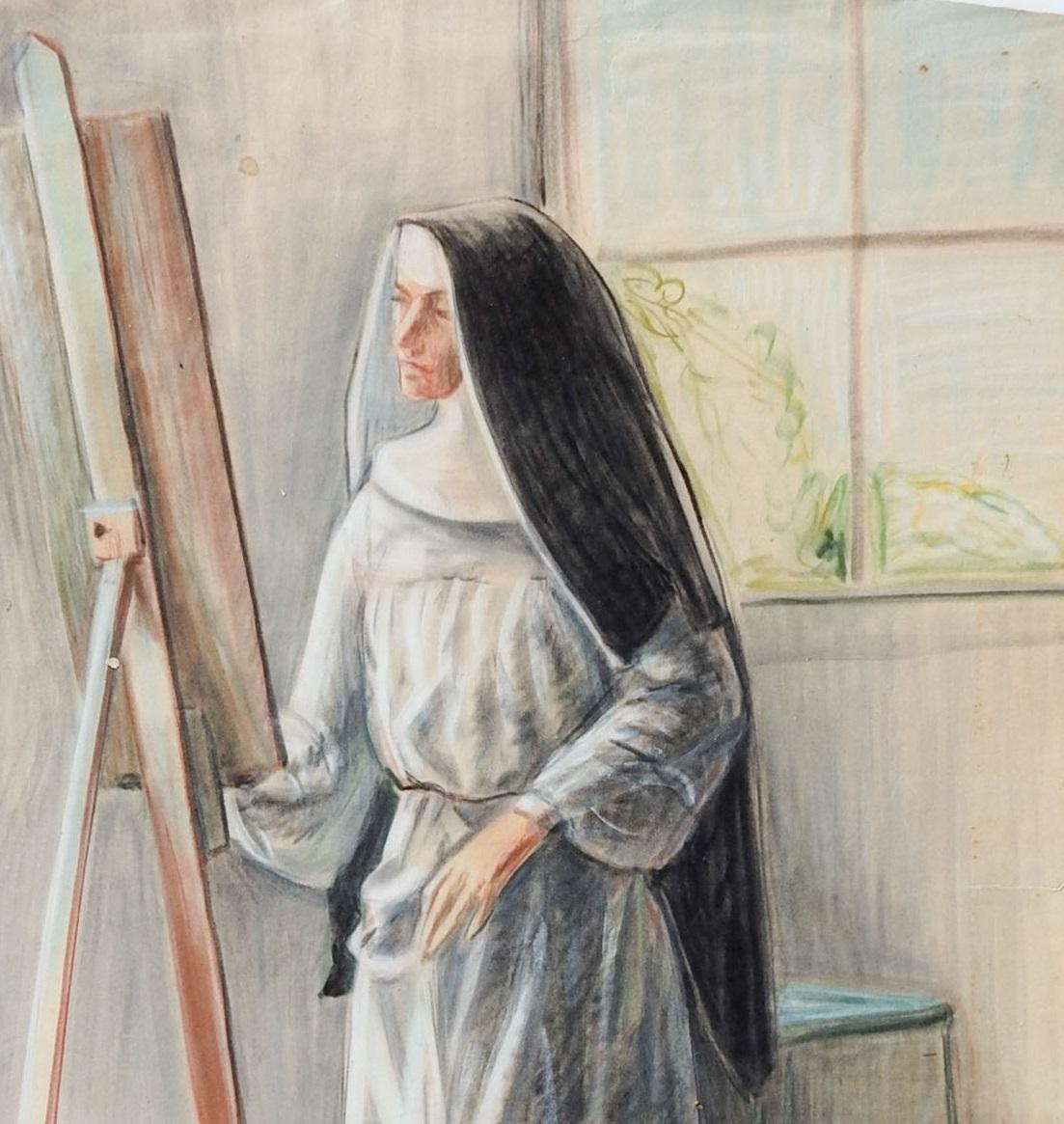 Mid-century pastel portrait on velvety surfaced paper of young nun at her artists easel. Unsigned, from the estate of Texas artist Geneva Flores Hart Fell. Unframed, edge losses, foxing, edge tears and repairs. Handle carefully as old paper can be