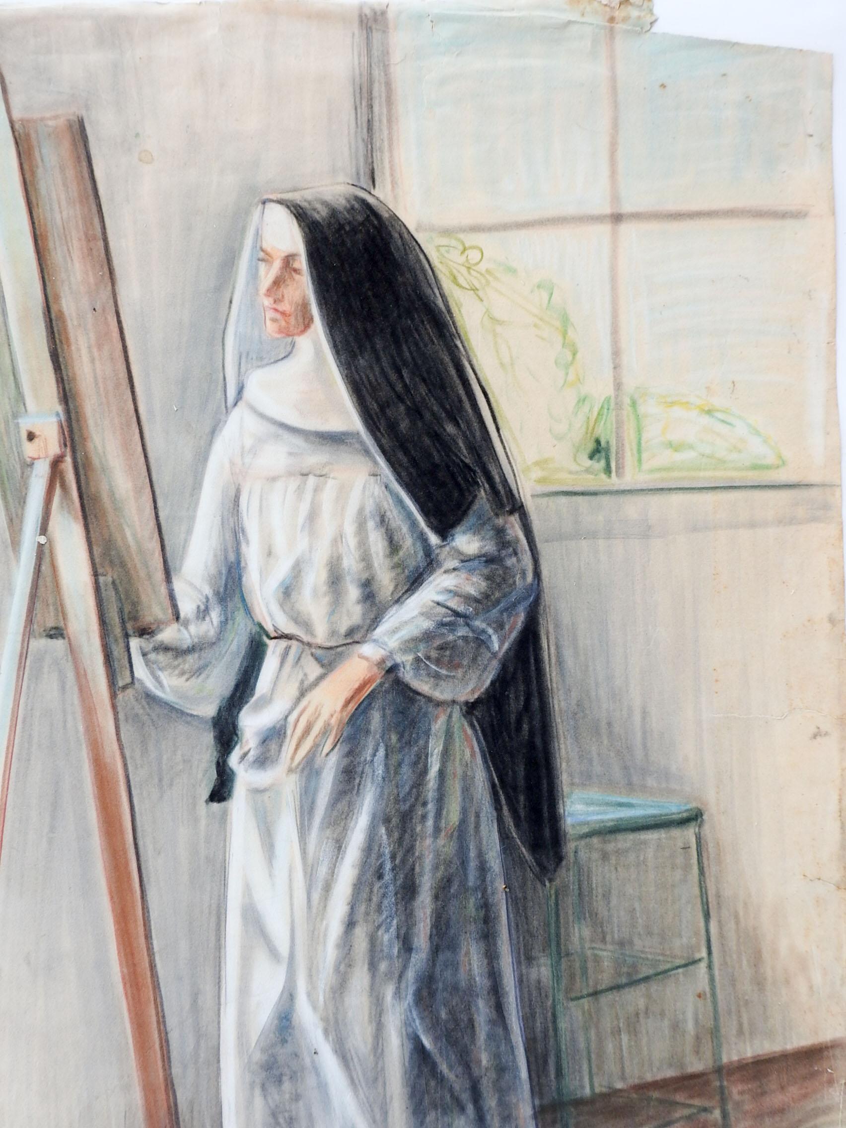 Américain Portrait d'artiste Nun vintage au pastel du milieu du siècle dernier, dessin de l'artiste en vente