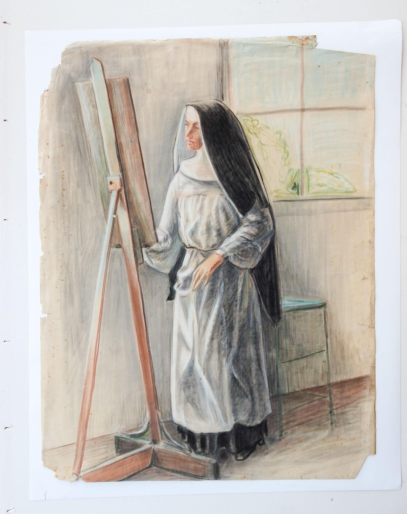 American Vintage Mid-Century Pastel Portrait Drawing of Artist Nun For Sale