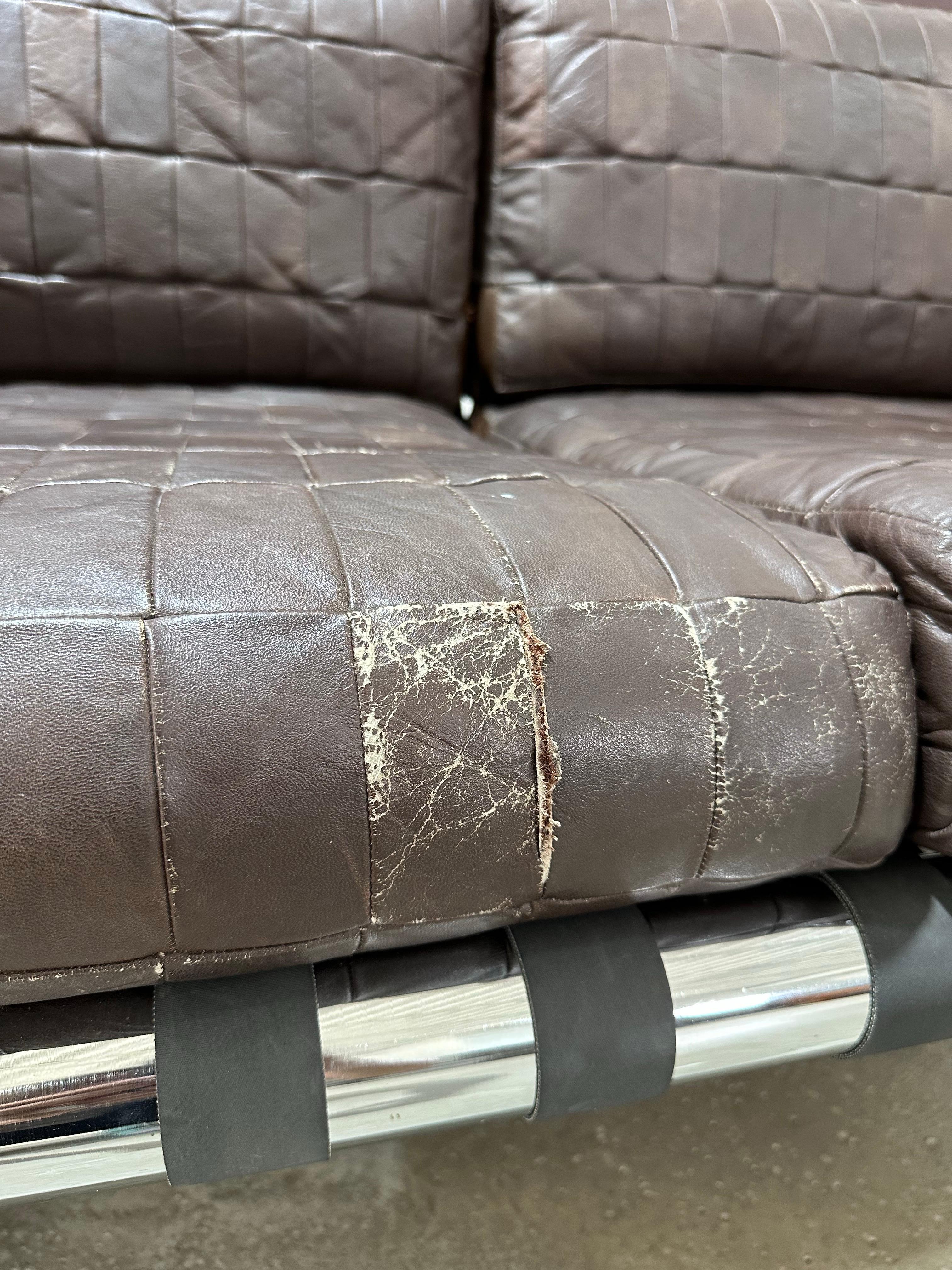 Vintage Mid Century Patchwork Leather and Chrome Sofa in the style of De Sede For Sale 6