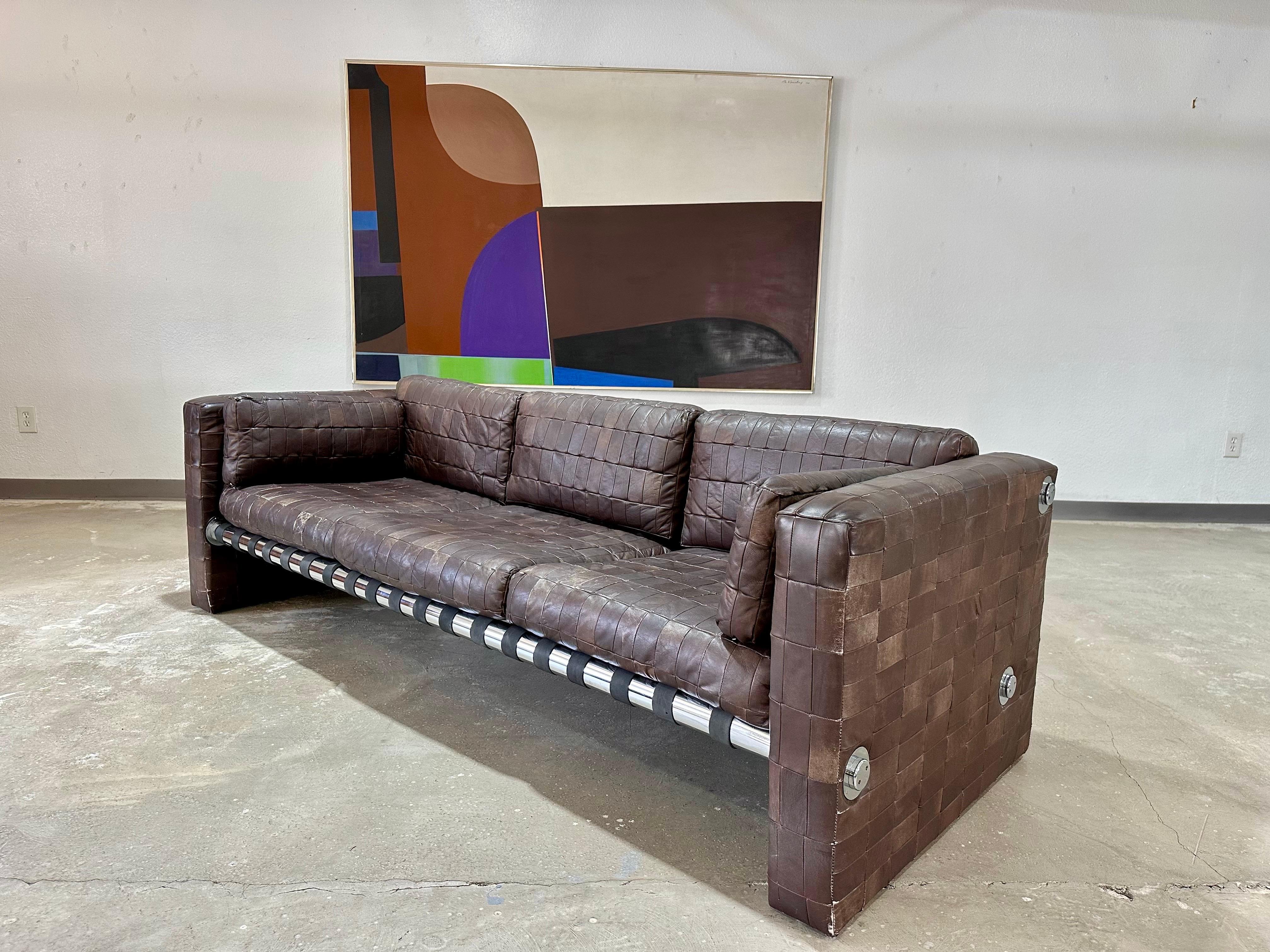 Mid-Century Modern Vintage Mid Century Patchwork Leather and Chrome Sofa in the style of De Sede For Sale