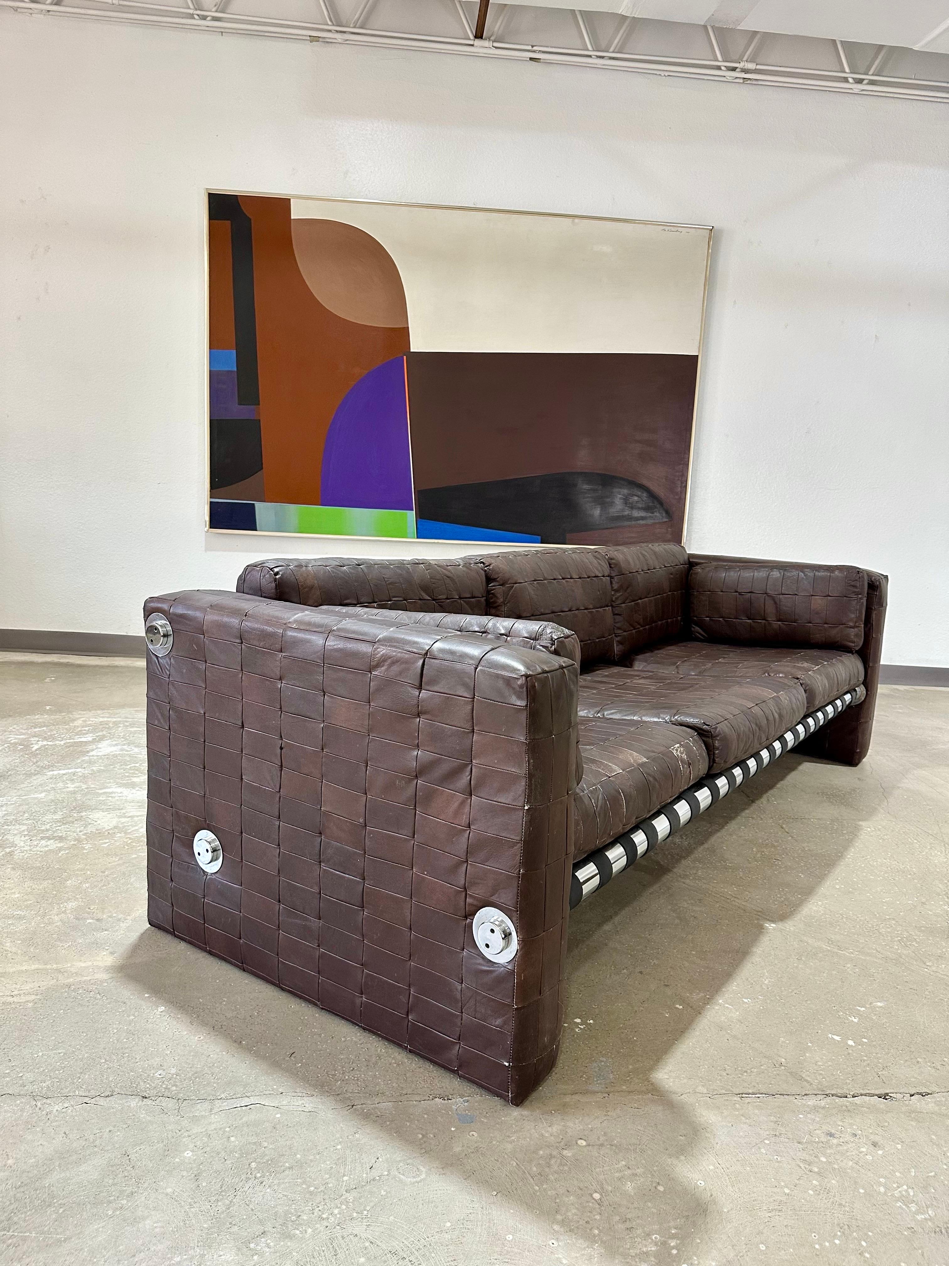 Vintage Mid Century Patchwork Leather and Chrome Sofa in the style of De Sede In Good Condition For Sale In Lutz, FL