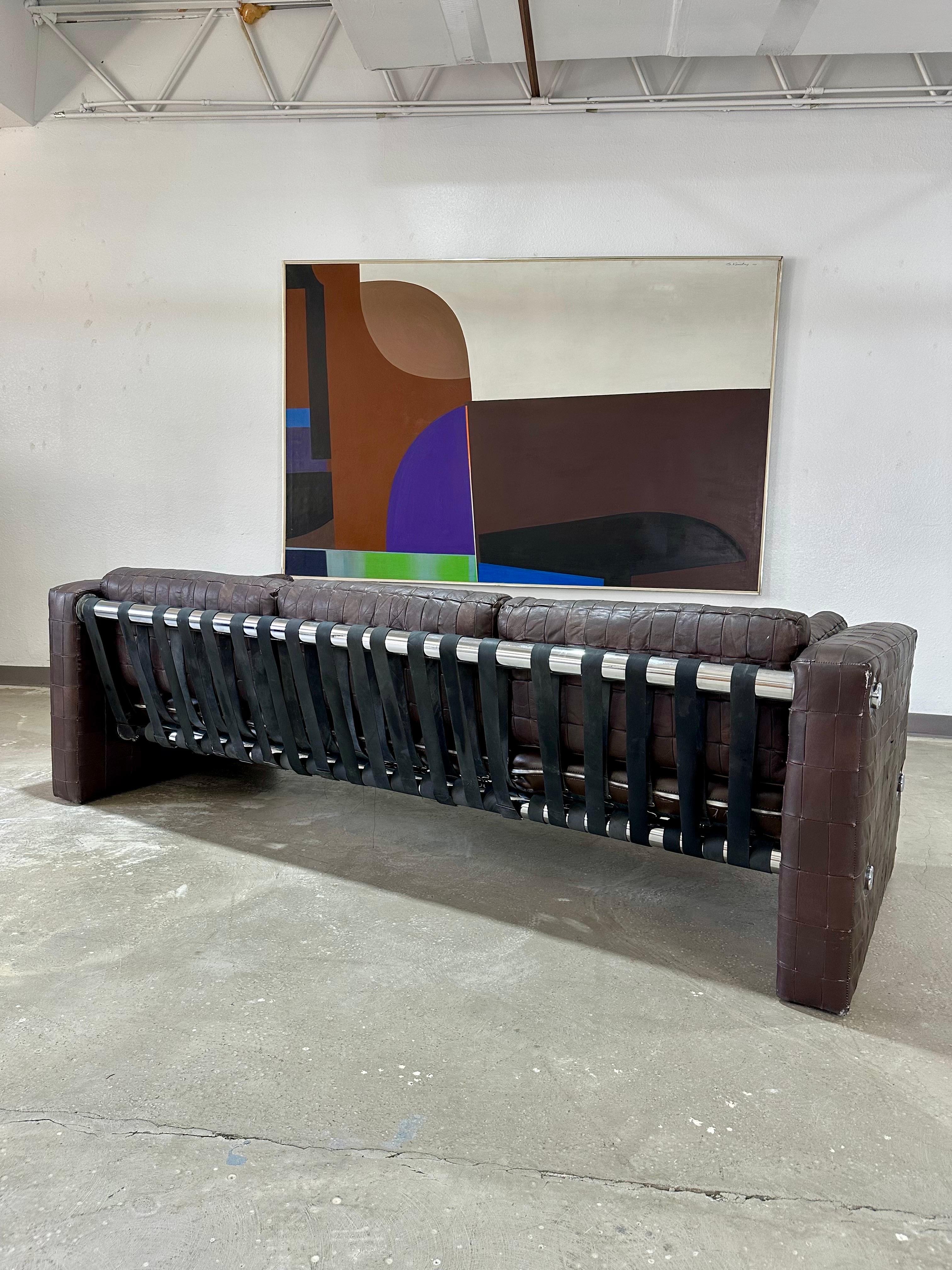 20th Century Vintage Mid Century Patchwork Leather and Chrome Sofa in the style of De Sede For Sale