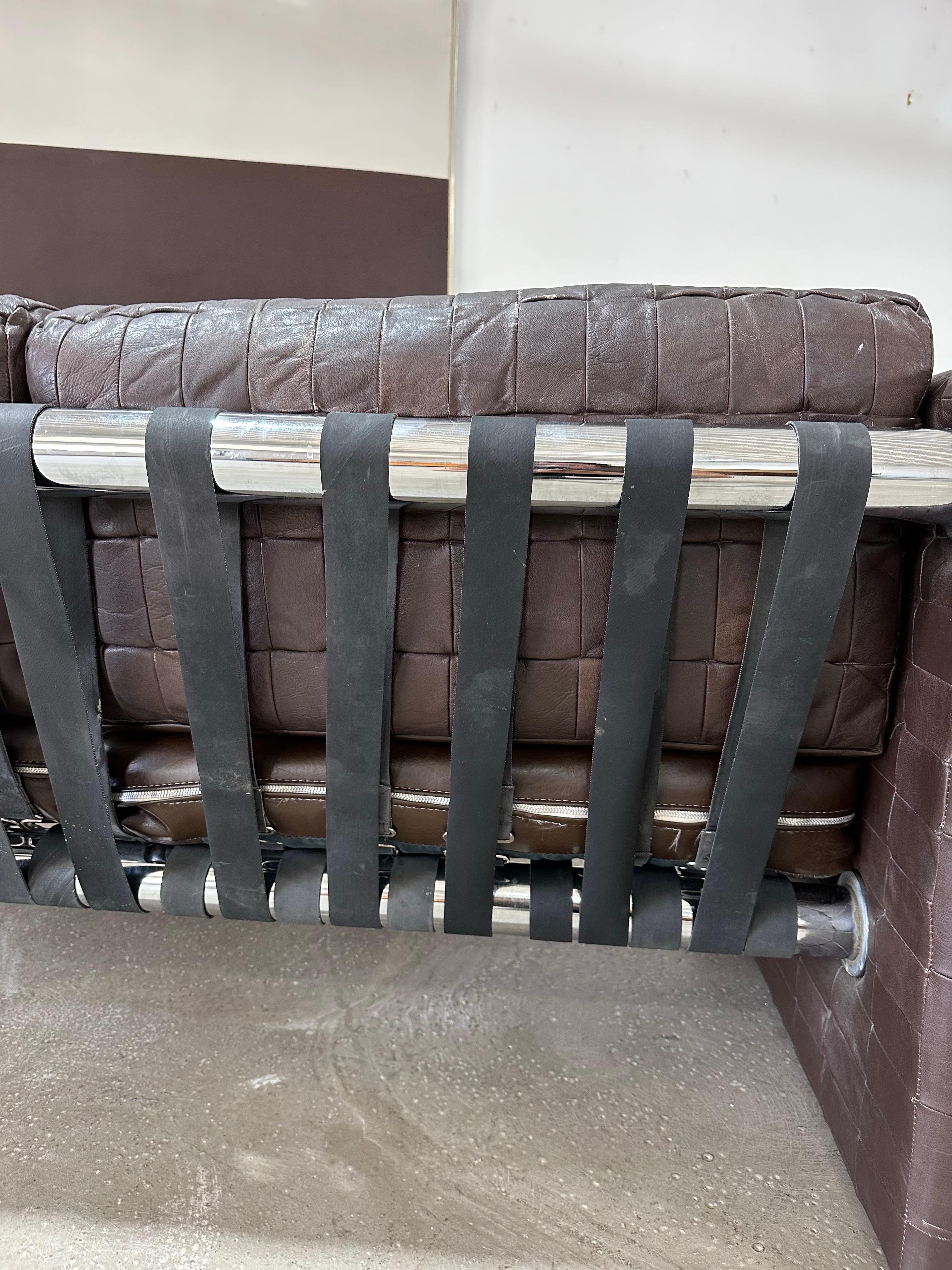 Metal Vintage Mid Century Patchwork Leather and Chrome Sofa in the style of De Sede For Sale