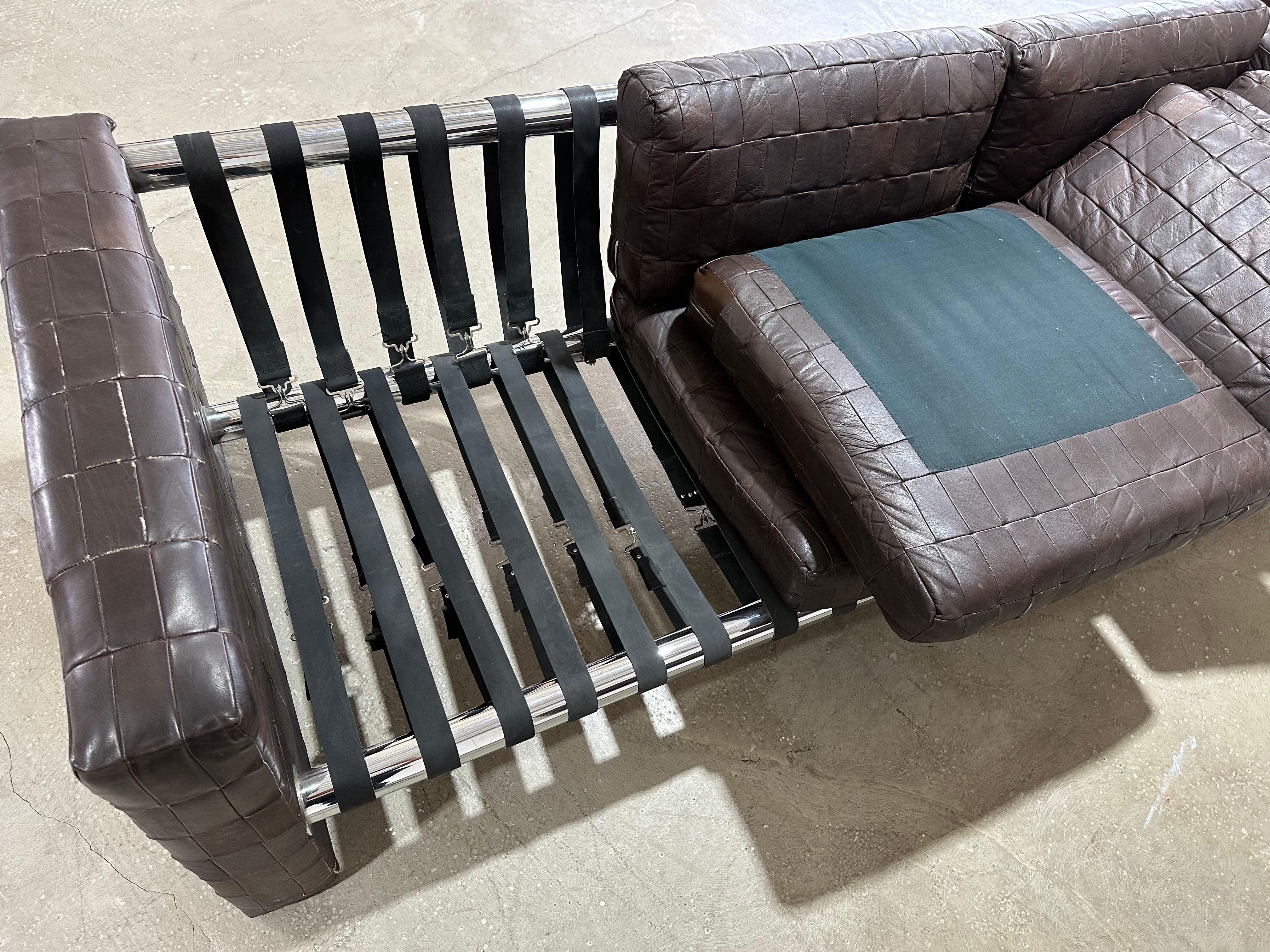 Vintage Mid Century Patchwork Leather and Chrome Sofa in the style of De Sede For Sale 2