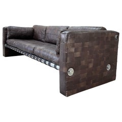 Vintage Mid Century Patchwork Leather and Chrome Sofa in the style of De Sede