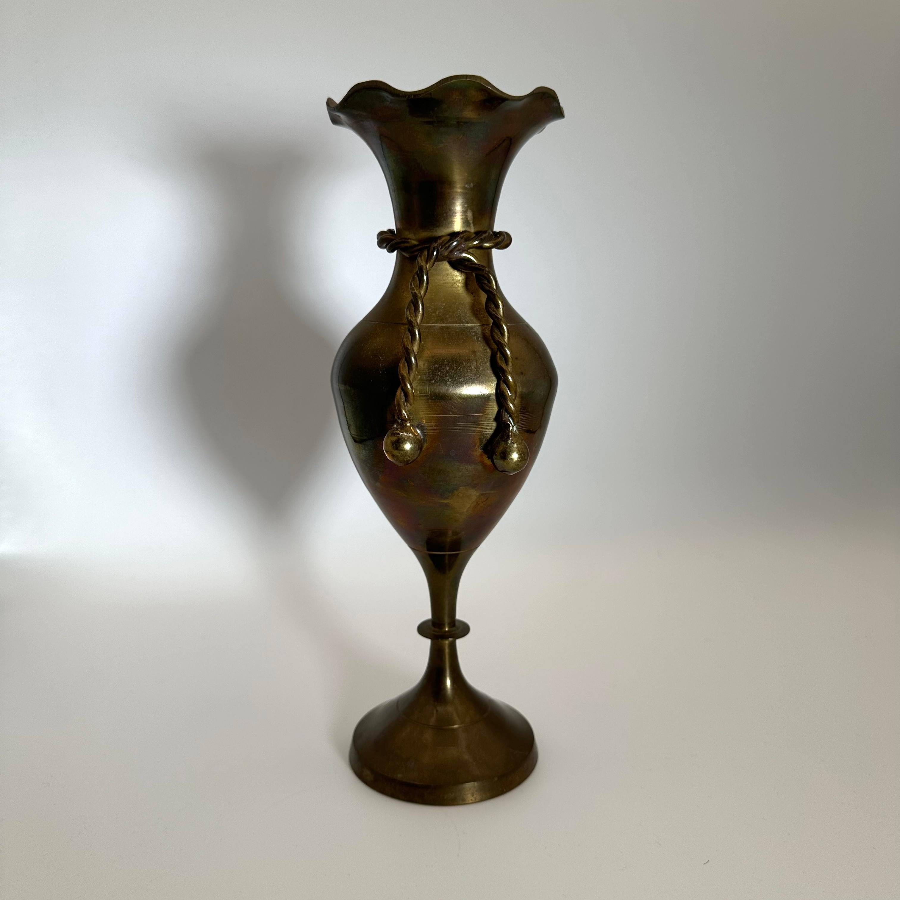 Indian Vintage Mid Century Patinated Brass Vase with Scalloped Top and Rope Detail  For Sale