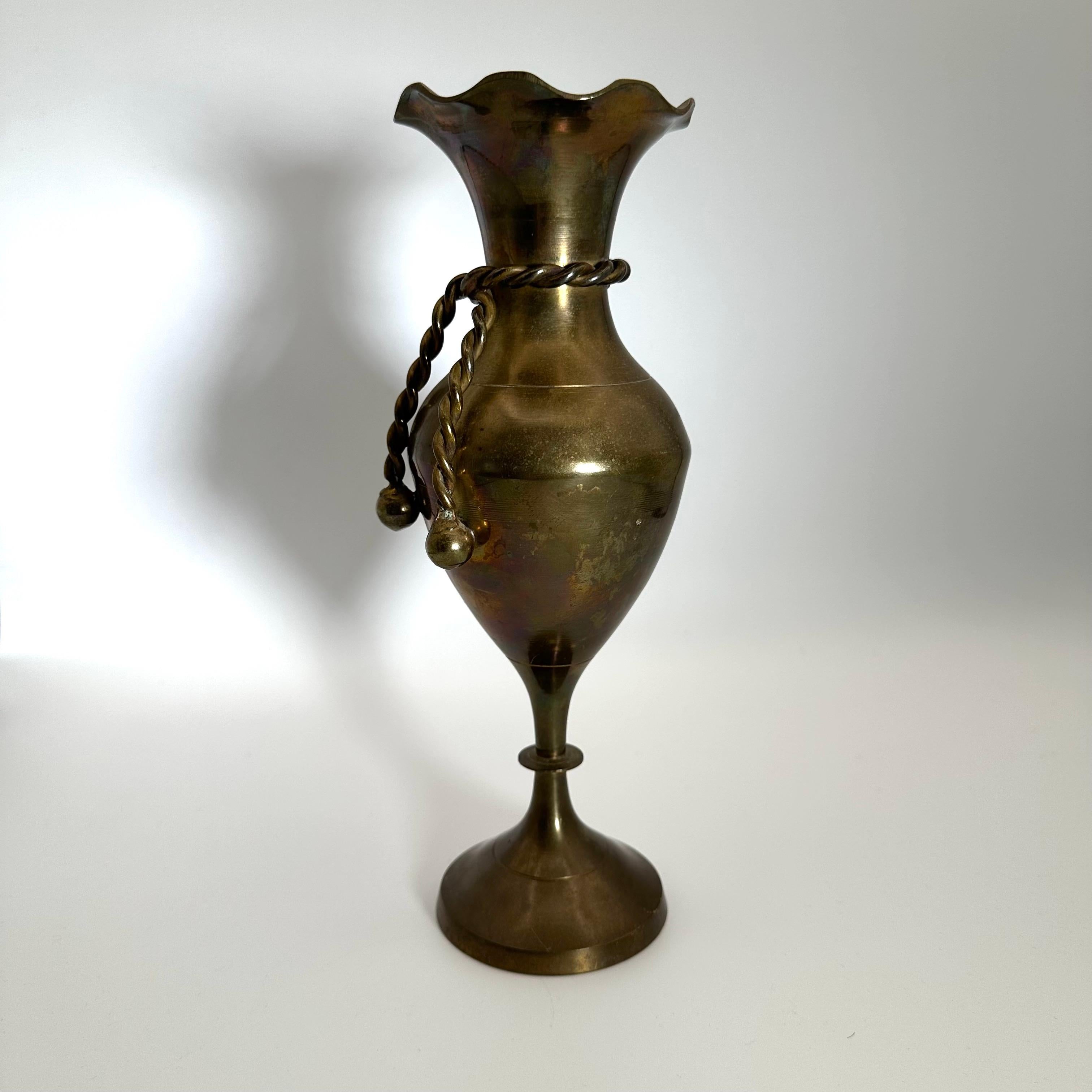 Cast Vintage Mid Century Patinated Brass Vase with Scalloped Top and Rope Detail  For Sale